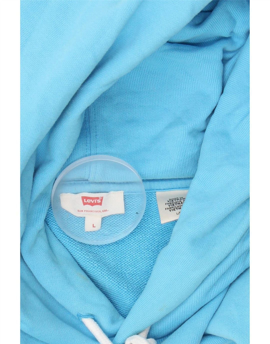 LEVI'S Womens Crop Graphic Hoodie Jumper UK 16 Large Blue Colourblock Vintage Levi's and Second-Hand Levi's from Messina Hembry 