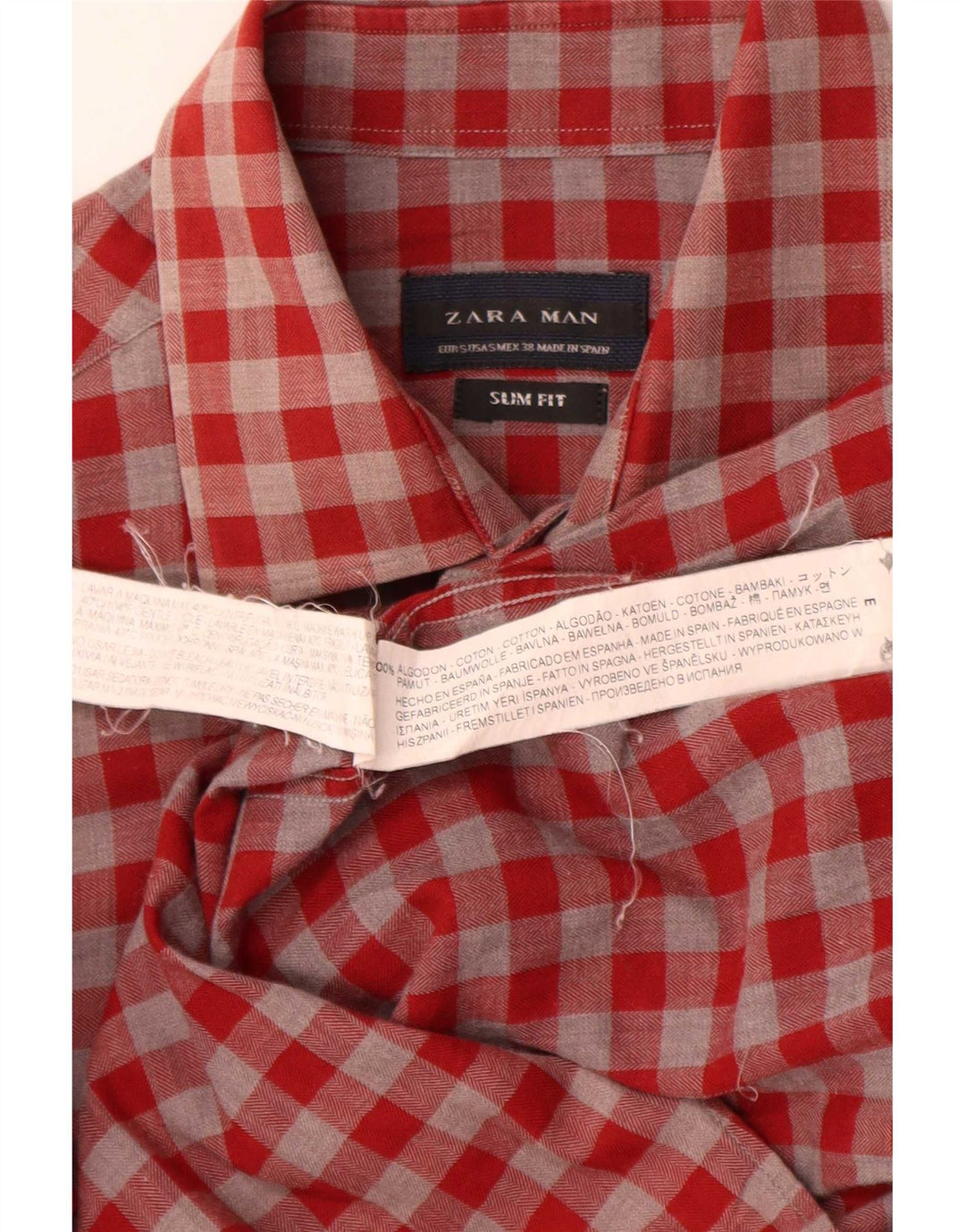 Camisa masculina Zara Slim Fit pequena de algodão vermelho guingão