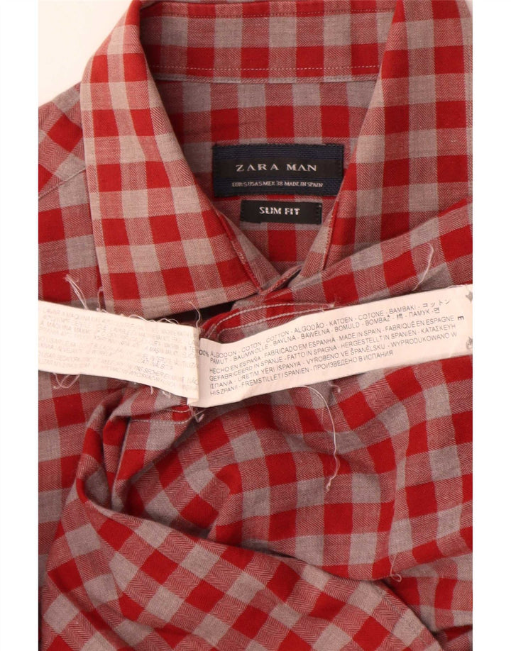 Camisa masculina Zara Slim Fit pequena de algodão vermelho guingão