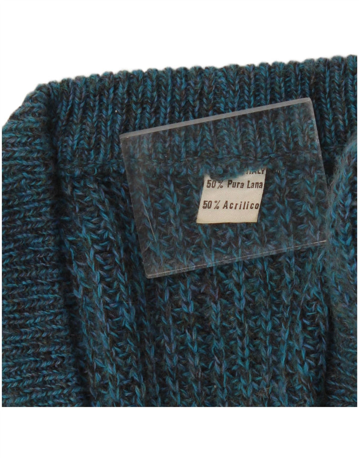 Suéter masculino vintage de ajuste regular com decote em V de lã manchada azul médio