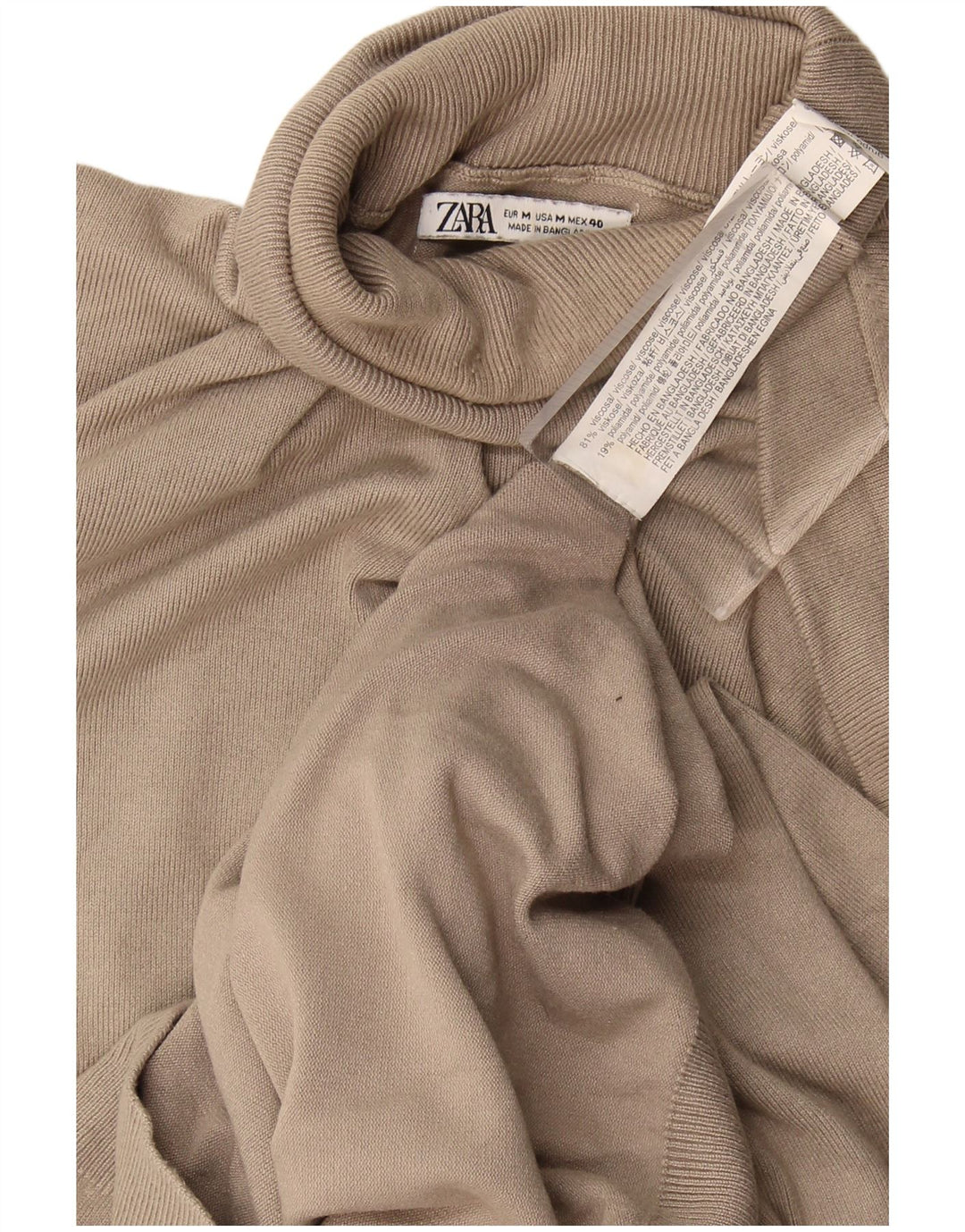 Suéter feminino Zara com gola redonda e viscose bege médio Reino Unido 14