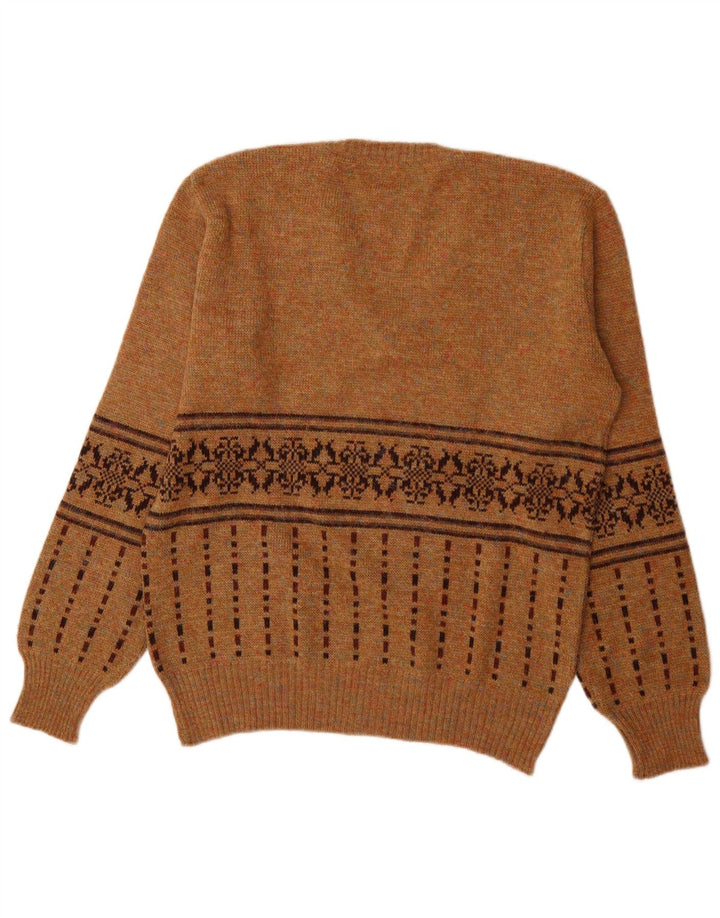 Suéter masculino vintage com decote em V médio marrom Fair Isle acrílico