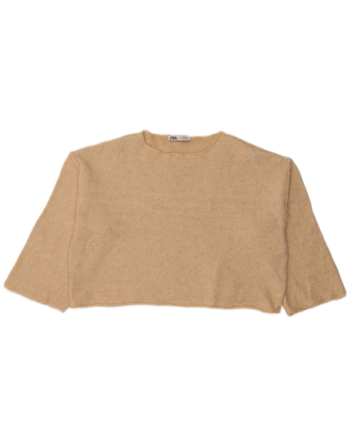 Zara Suéter feminino cropped grande com gola canoa Reino Unido 14 médio bege