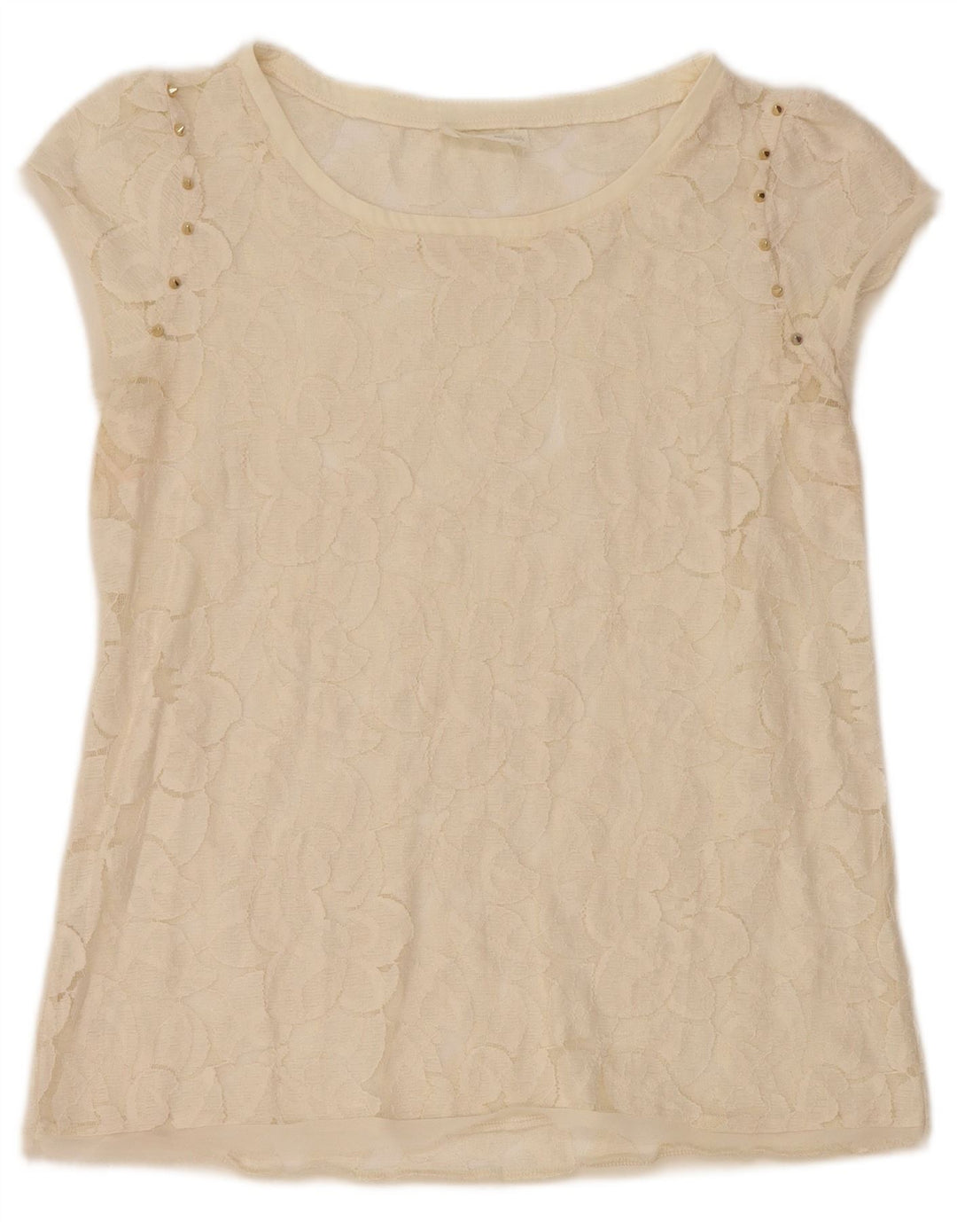 Zara blusa feminina de renda top UK 12 médio off white floral