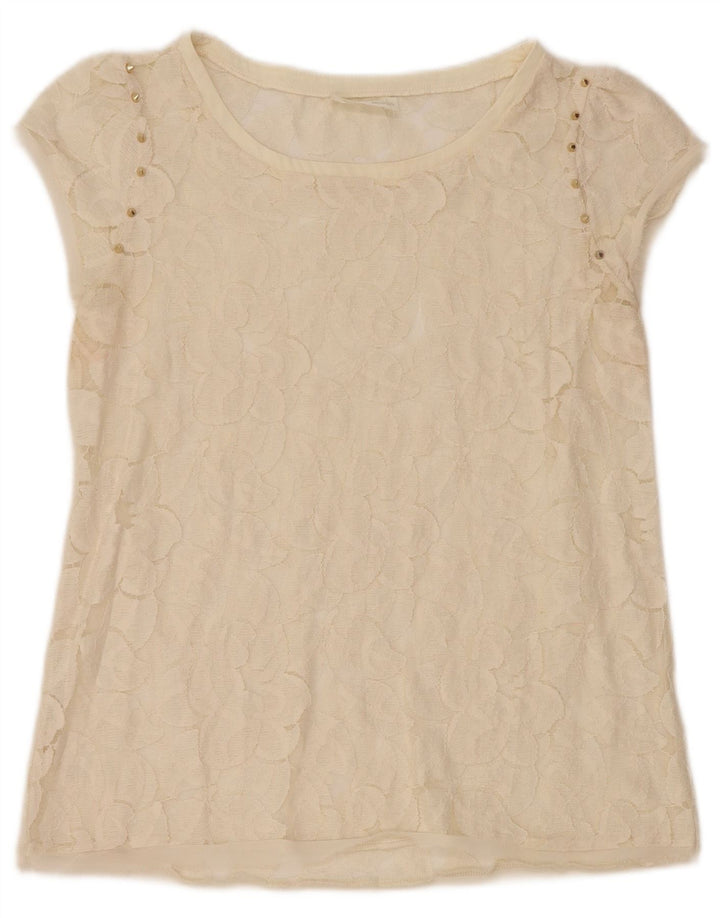 Zara blusa feminina de renda top UK 12 médio off white floral