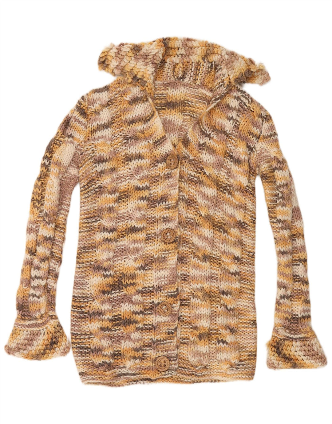 Suéter cardigã feminino vintage Reino Unido 14 grande manchado multicolorido