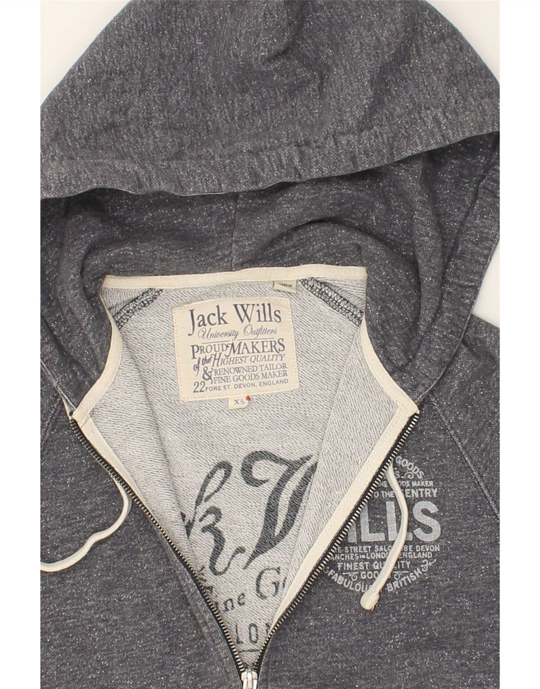 JACK WILLS Mens Graphic Zip Hoodie Sweater XS Grey Flecked Cotton Vintage Jack Wills and Second-Hand Jack Wills from Messina Hembry 