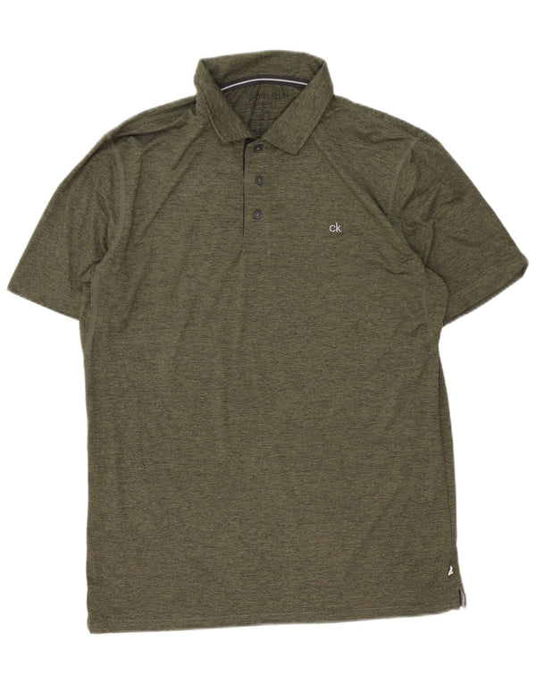 Camisa polo masculina Calvin Klein, poliéster manchado cáqui médio médio