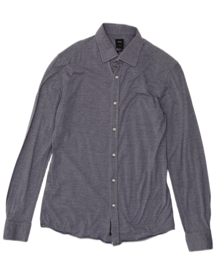 Camisa masculina Hugo Boss sob medida Slim Fit tamanho 40 15 3/4 algodão azul médio