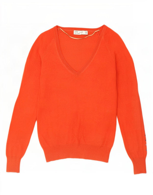 Suéter feminino Zara com decote em V Reino Unido 12 algodão laranja médio