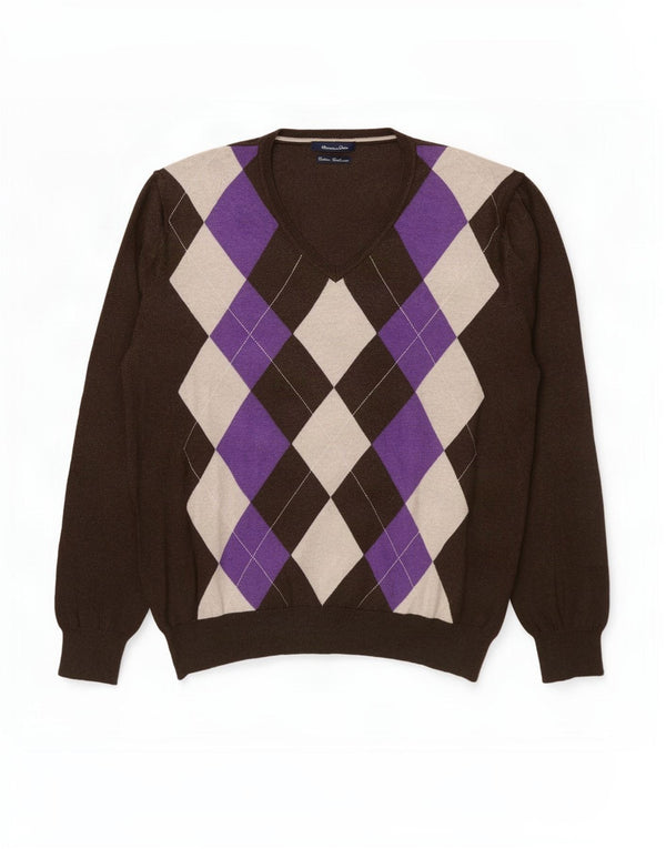 Suéter masculino Massimo Dutti com decote em V XL marrom Argyle/algodão diamante
