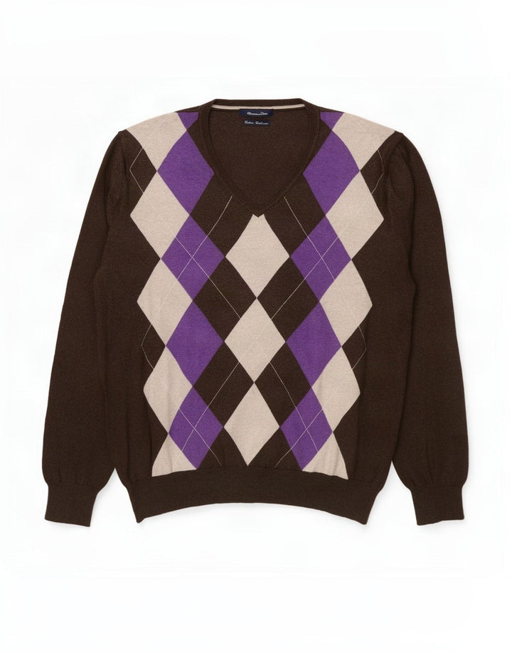 Suéter masculino Massimo Dutti com decote em V XL marrom Argyle/algodão diamante