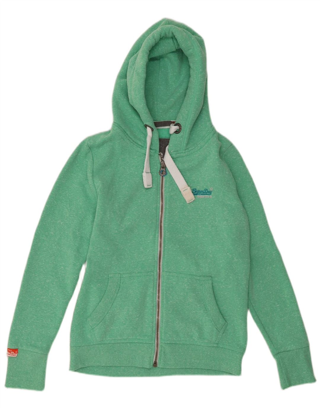 Suéter feminino Superdry com capuz e zíper Reino Unido 12 algodão manchado verde médio