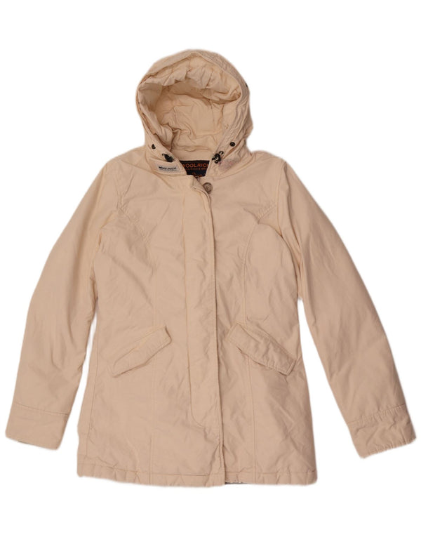 Woolrich Womens Hooded Padded Jacket UK 10 Small Off White Cotton