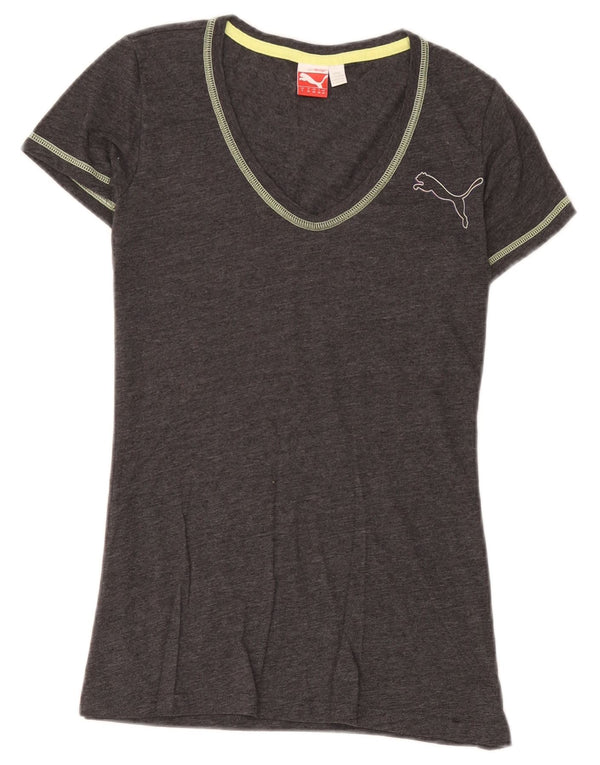 Puma camiseta feminina gráfica top UK 10 pequeno algodão manchado cinza