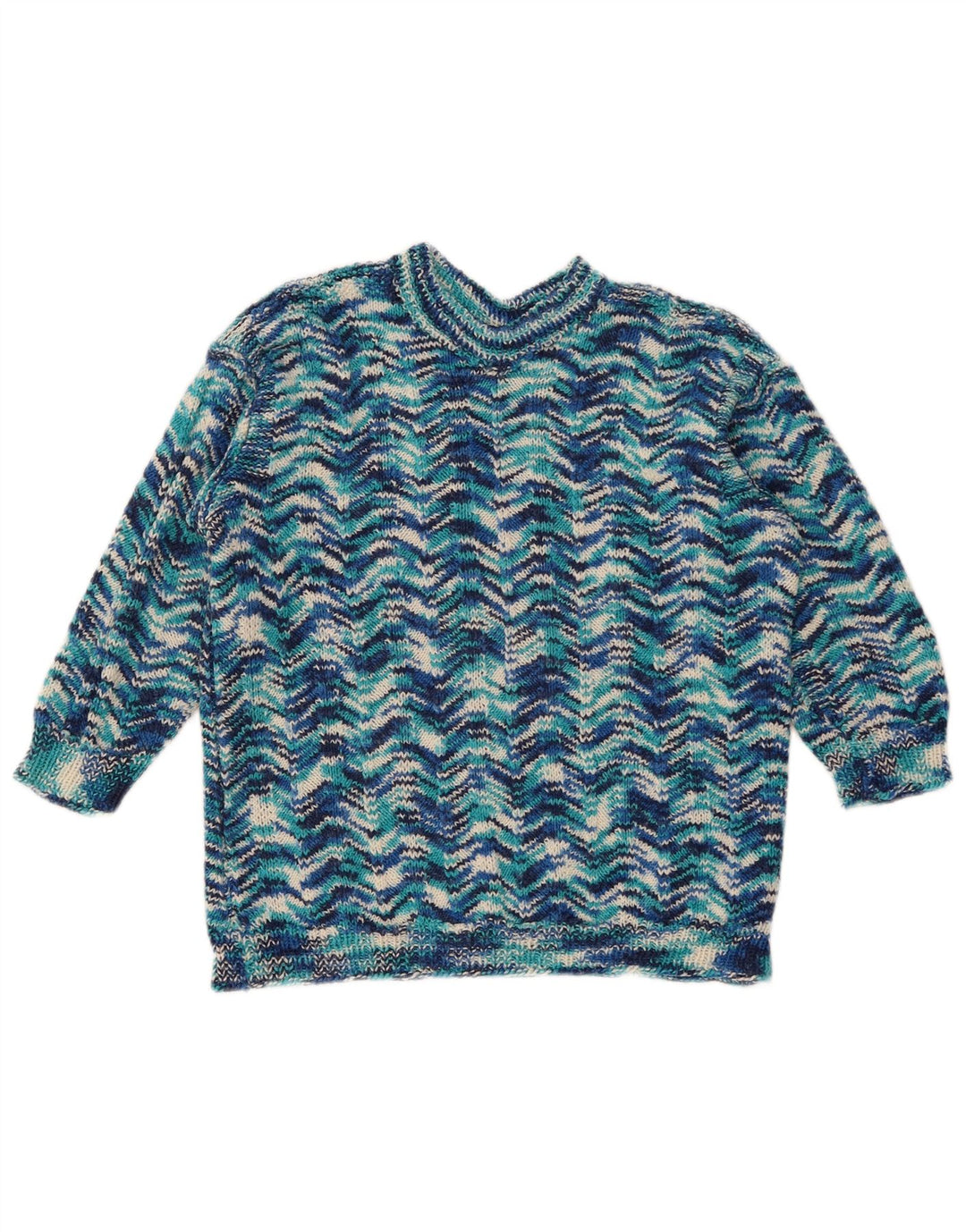 Suéter feminino vintage com gola redonda Reino Unido 14 azul médio geométrico