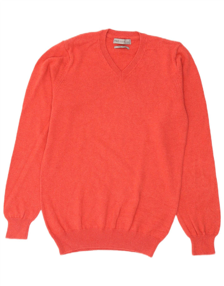 Suéter masculino Marks & Spencer com decote em V, pequeno, laranja, algodão
