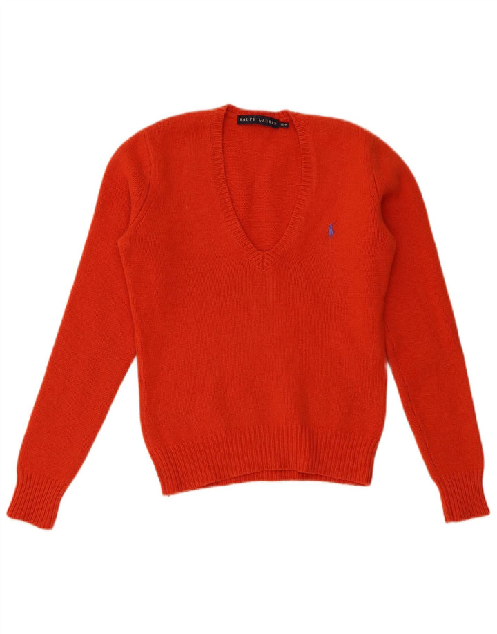 Suéter feminino Ralph Lauren com decote em V Reino Unido 12 lã laranja médio