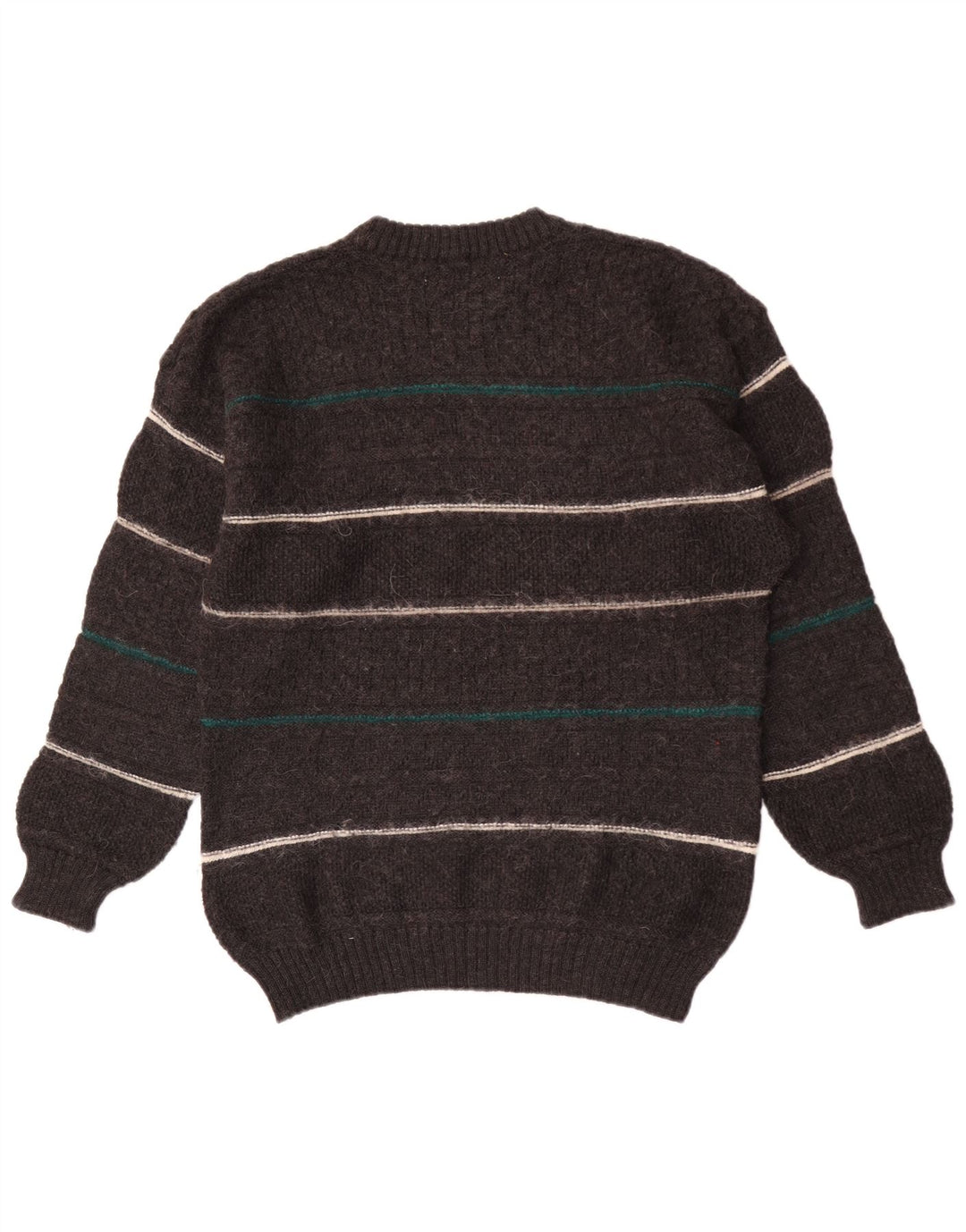 Suéter vintage masculino com gola redonda, lã listrada cinza médio