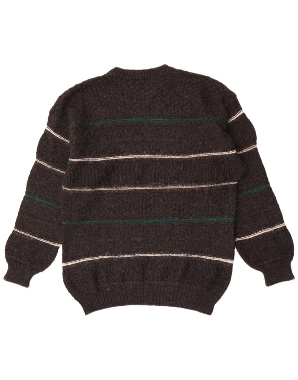 Suéter vintage masculino com gola redonda, lã listrada cinza médio
