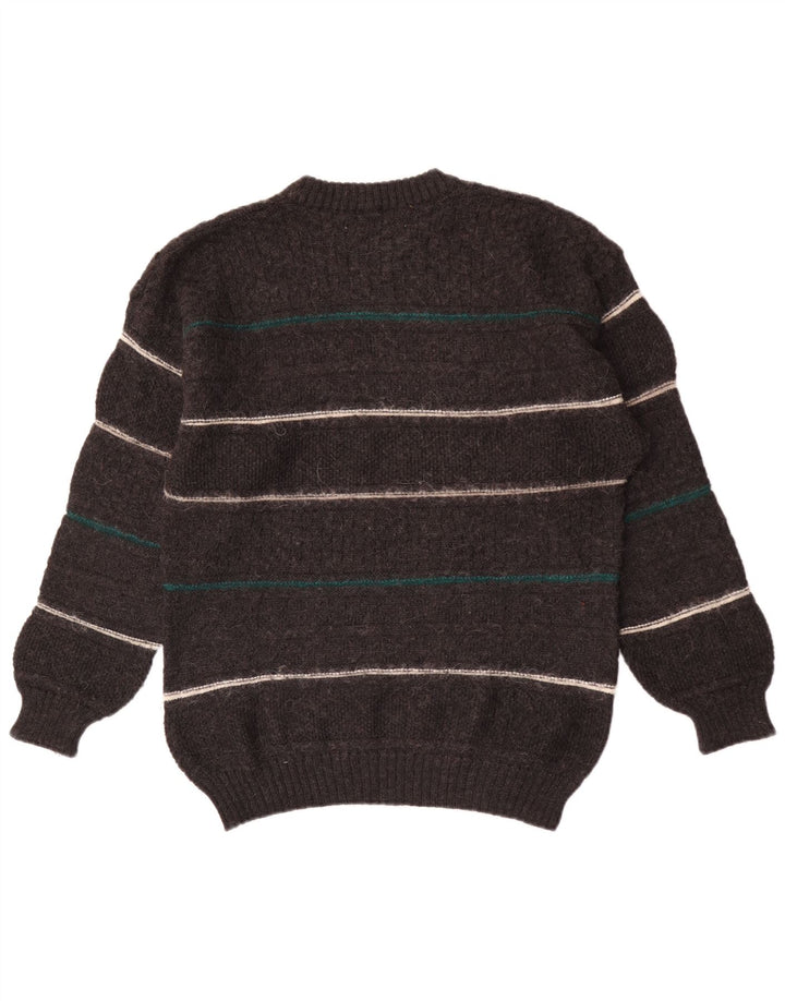 Suéter vintage masculino com gola redonda, lã listrada cinza médio
