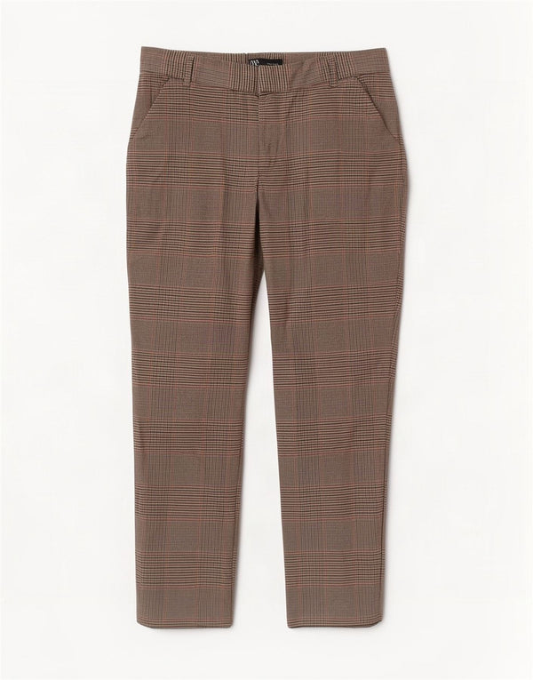 Zara Womens Straight Cropped Trousers Large W30 L24 Brown Houndstooth