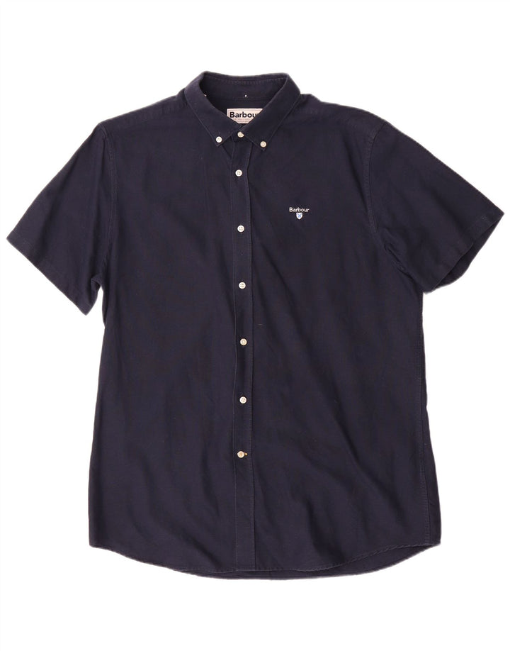 Camisa masculina Barbour Tailored Fit de manga curta de algodão azul marinho médio