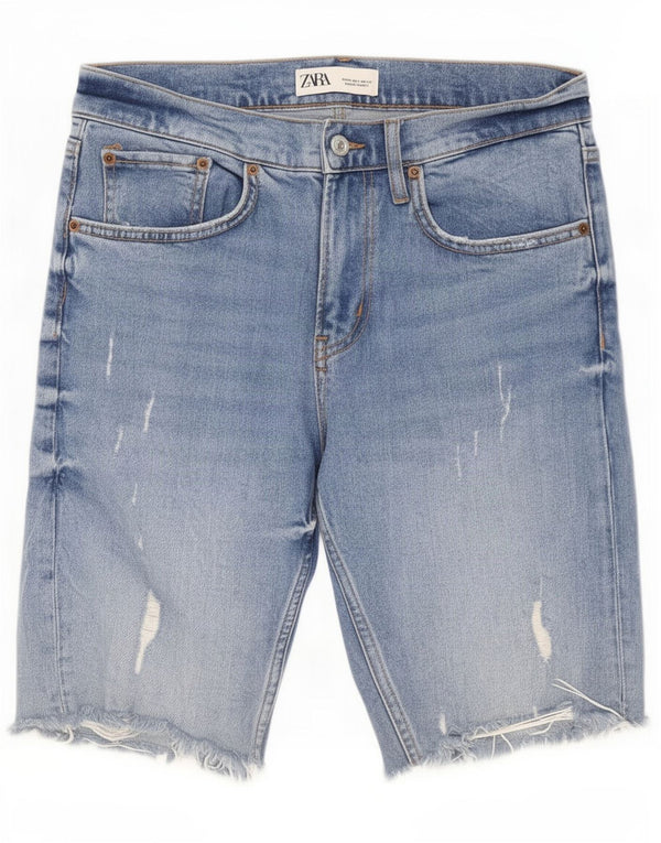 Zara Shorts jeans feminino desgastado UE 36 XS W26 azul algodão