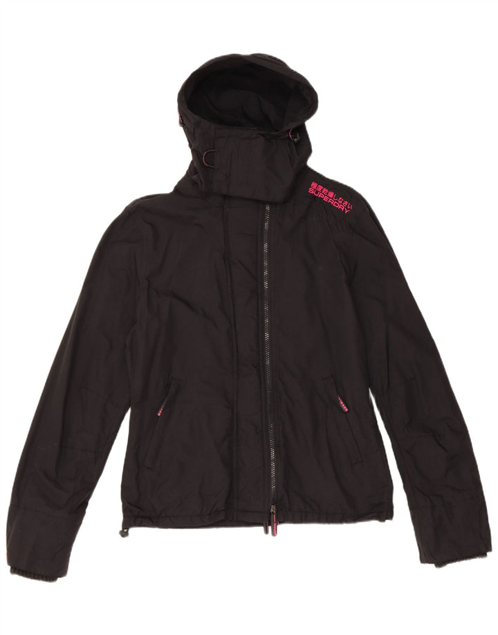 Jaqueta corta-vento feminina Superdry com capuz UK 14 médio preto nylon