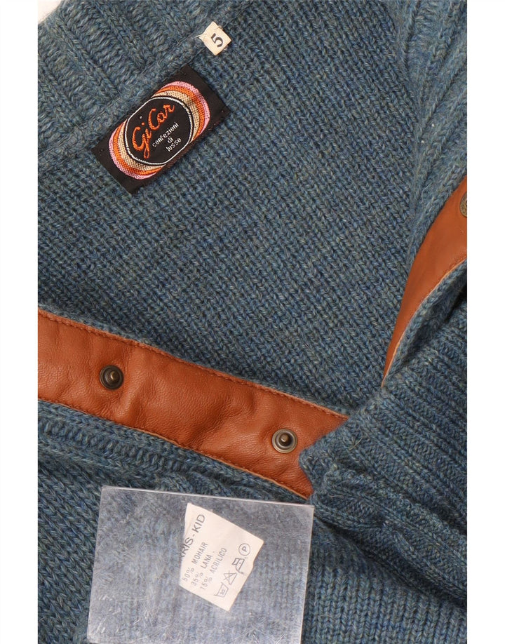 Suéter cardigã masculino vintage grande mohair azul