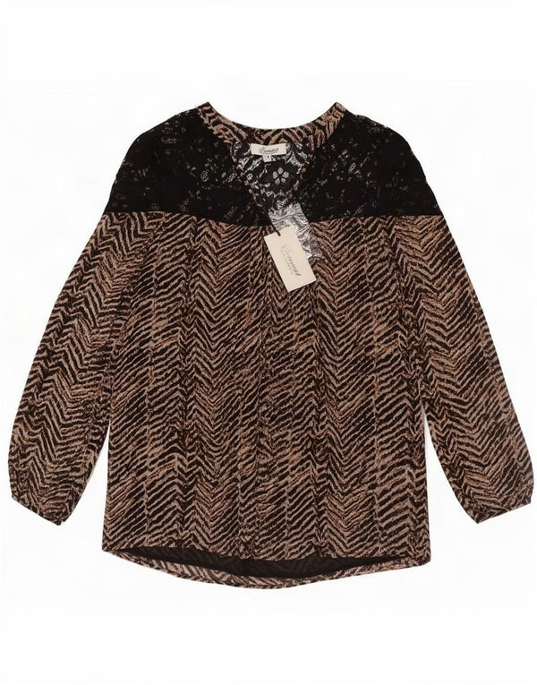 Blusa feminina vintage de manga comprida UK 12 poliéster chevron marrom médio