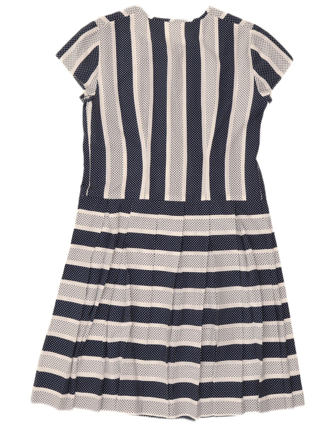 Vestido feminino vintage evasê UK 14 listrado azul marinho médio