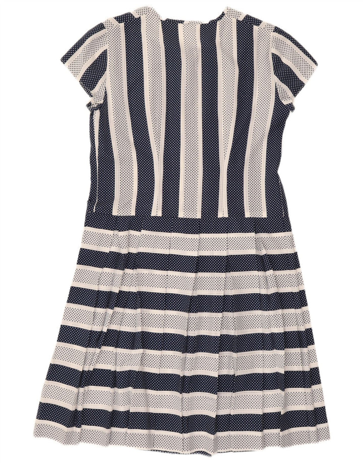 Vestido feminino vintage evasê UK 14 listrado azul marinho médio