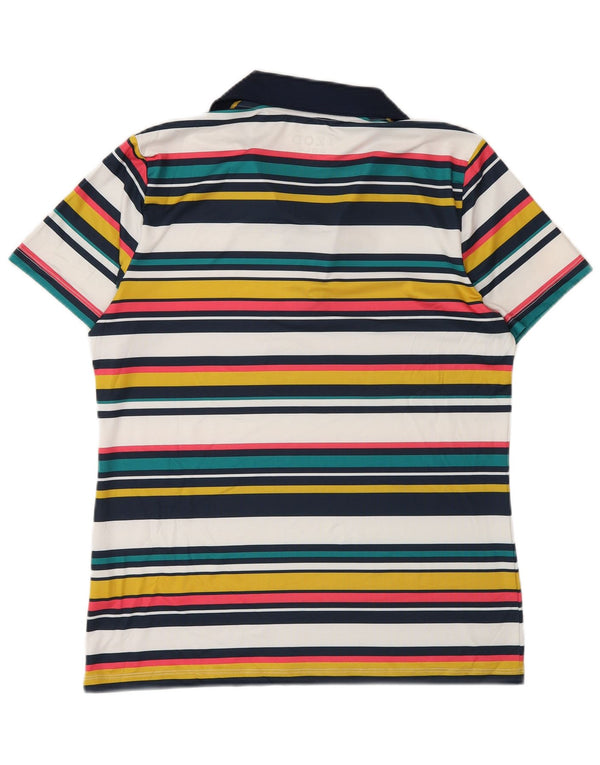 Camisa polo feminina Izod UK 14 poliéster listrado multicolorido médio