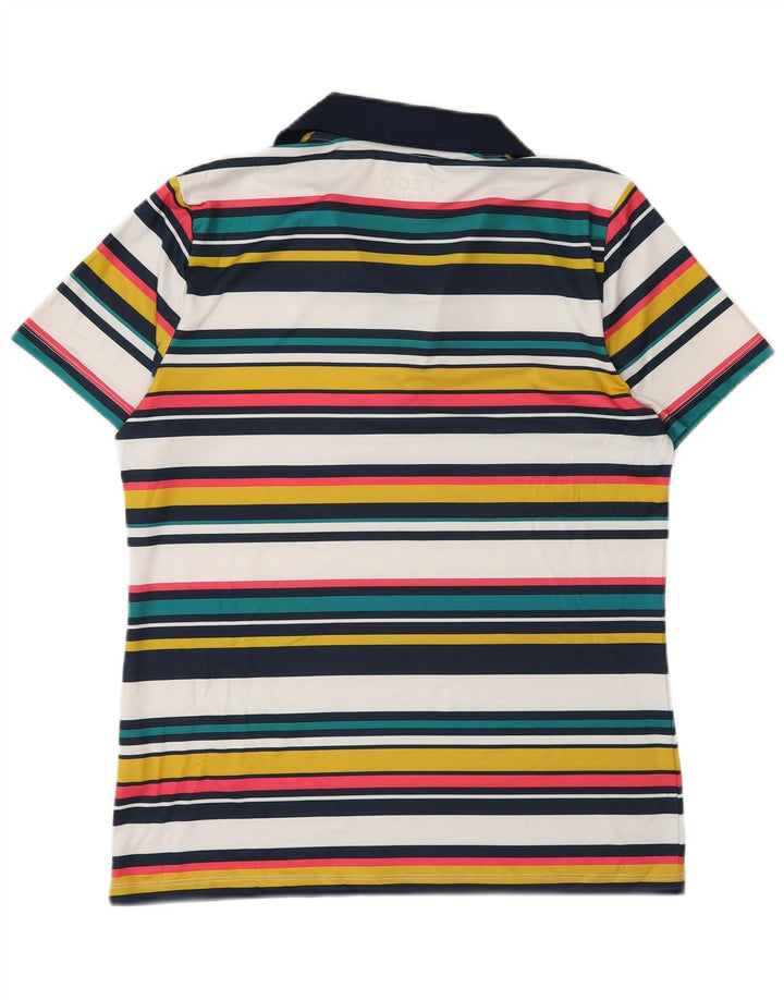 Camisa polo feminina Izod UK 14 poliéster listrado multicolorido médio