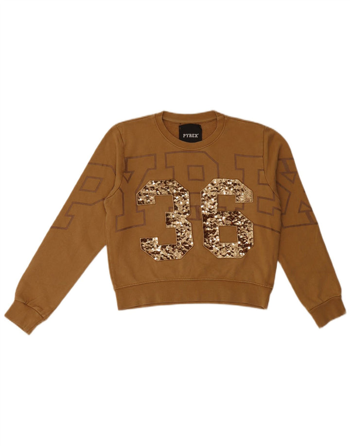 Suéter gráfico feminino Pyrex UK 6 XS algodão marrom