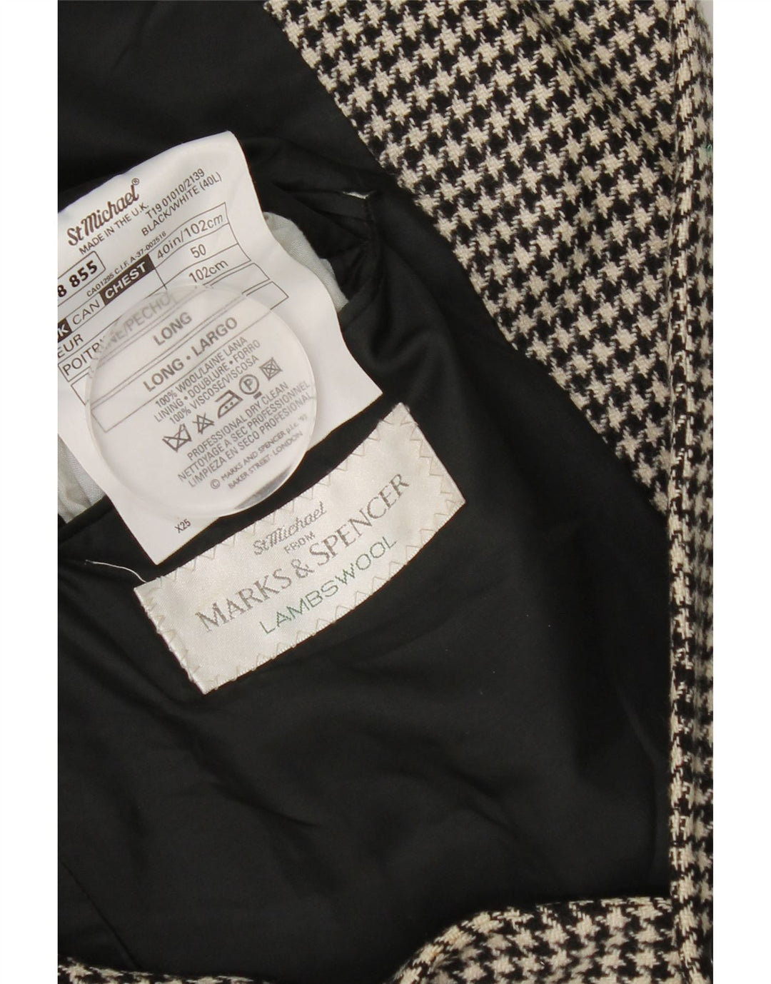Jaqueta Blazer Longa Masculina Marks & Spencer Reino Unido 40 Médio Preto Houndstooth