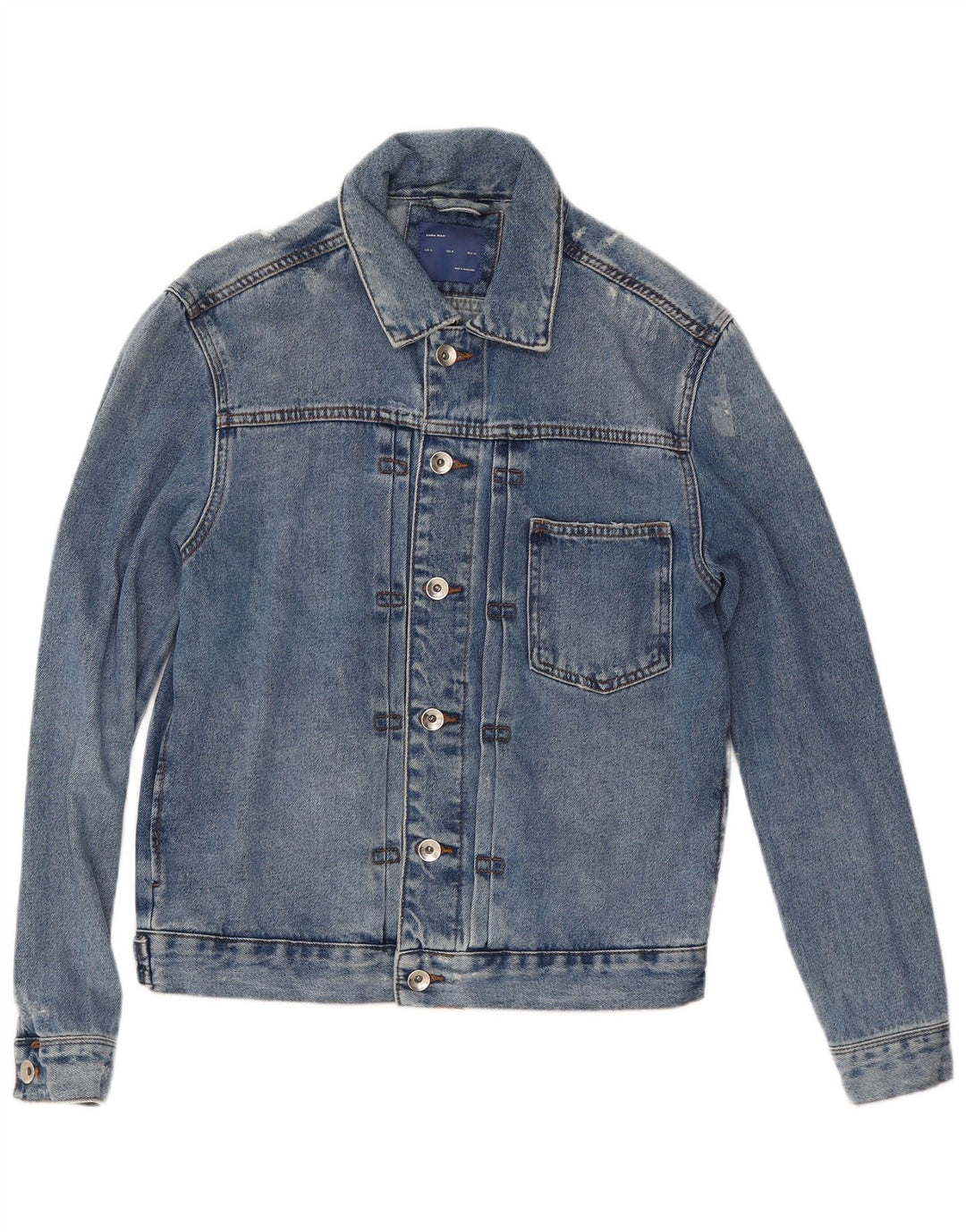 Jaqueta jeans masculina Zara desgastada Reino Unido 38 algodão azul médio