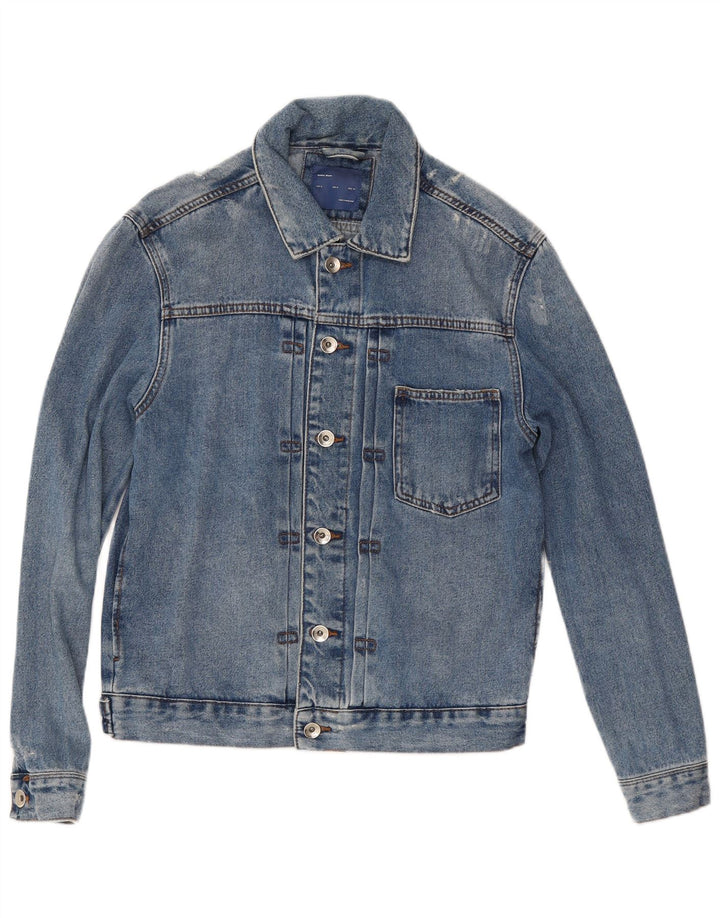 Jaqueta jeans masculina Zara desgastada Reino Unido 38 algodão azul médio