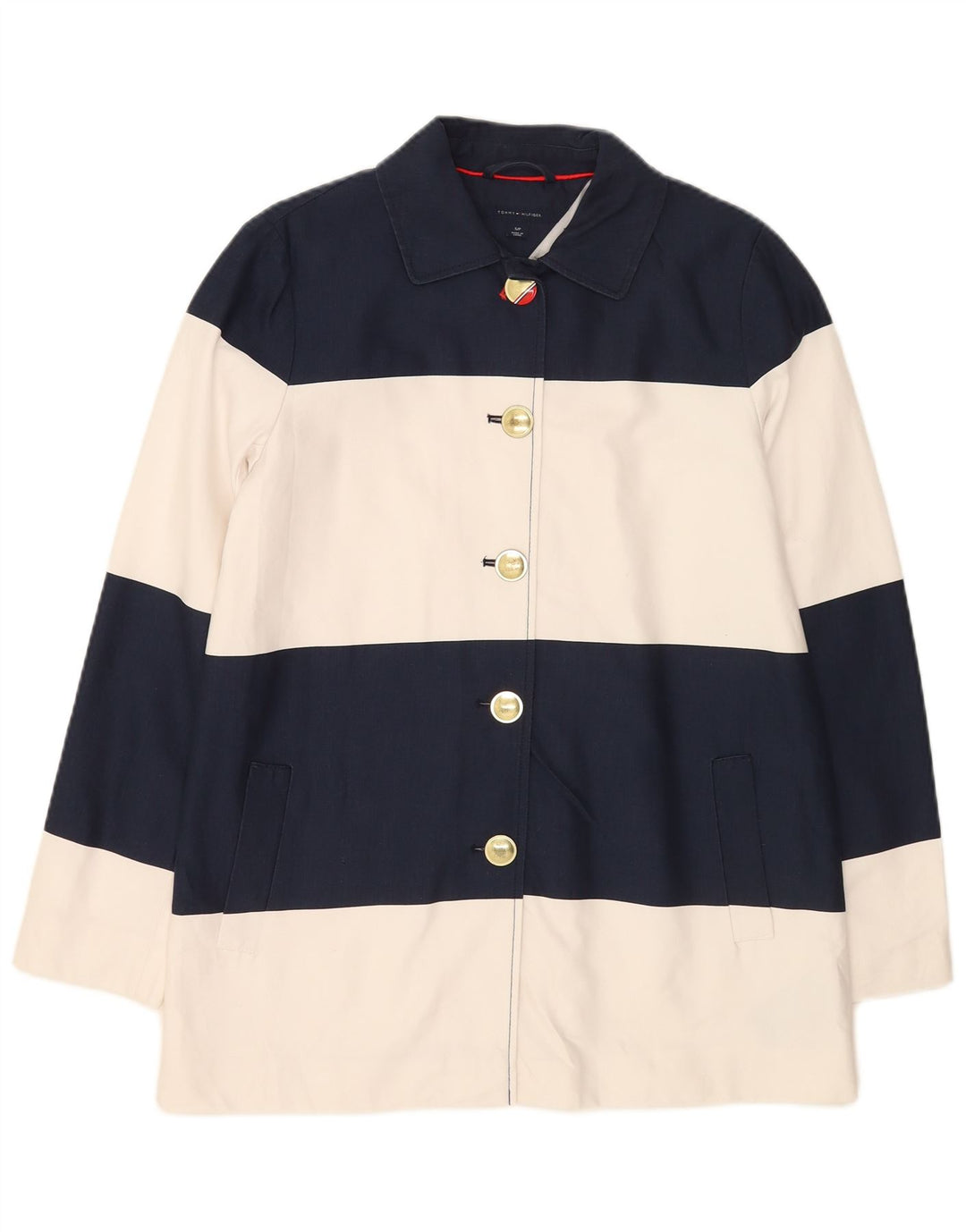 Sobretudo feminino Tommy Hilfiger UK 10 pequeno algodão listrado azul marinho