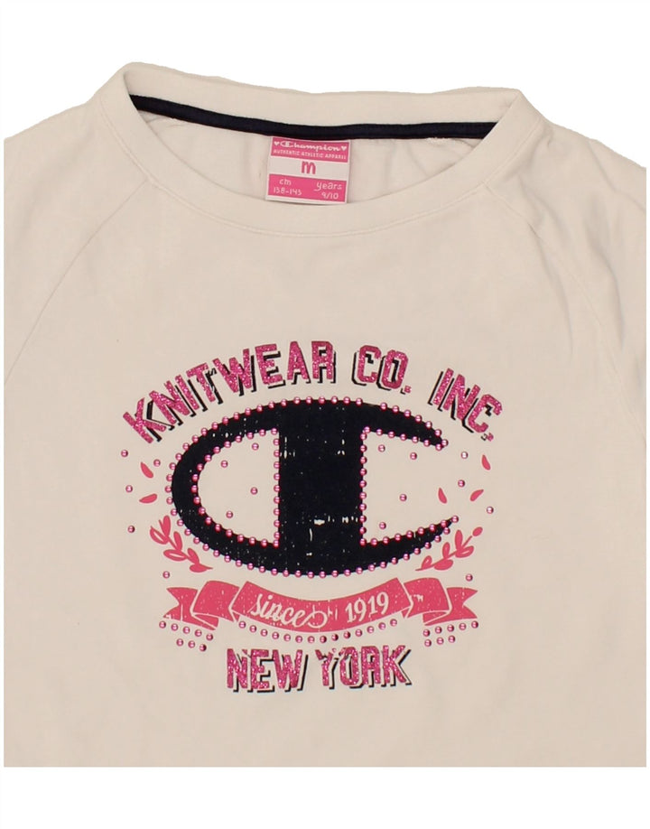 CHAMPION Girls Graphic Sweatshirt Jumper 9-10 Years Medium White Cotton Vintage Champion and Second-Hand Champion from Messina Hembry 