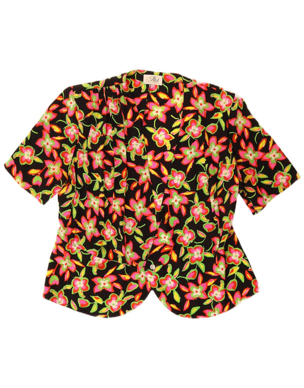 Blusa feminina vintage manga curta IT 46 grande seda floral preta