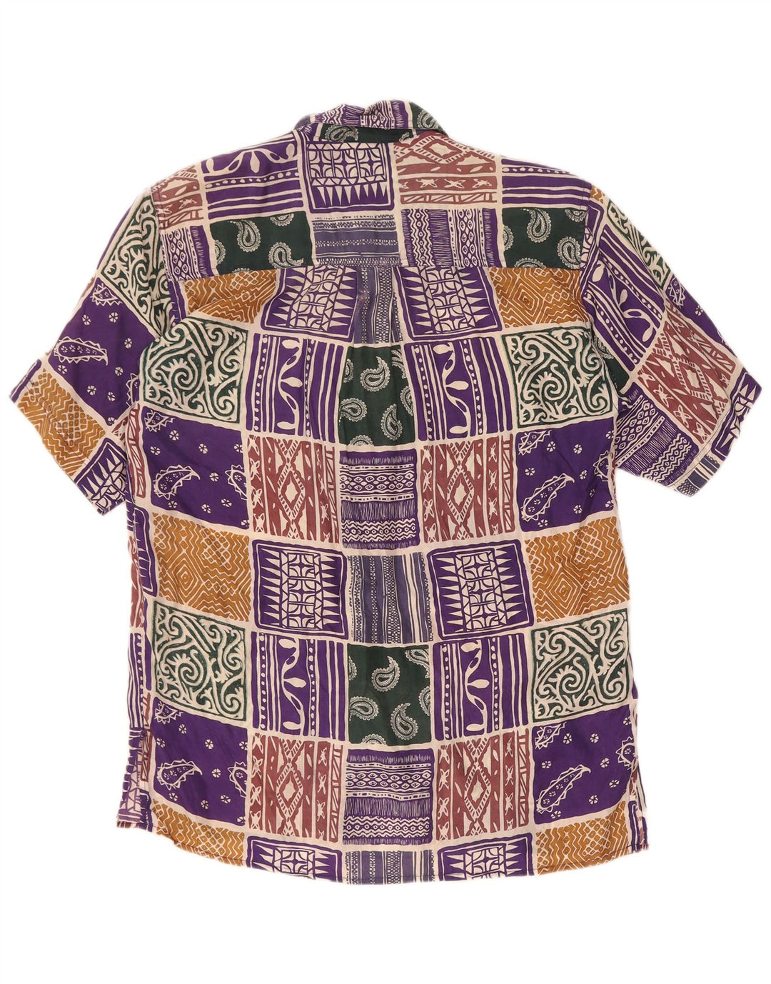 Camisa feminina vintage de manga curta UK 14 grande seda patchwork multicolorida