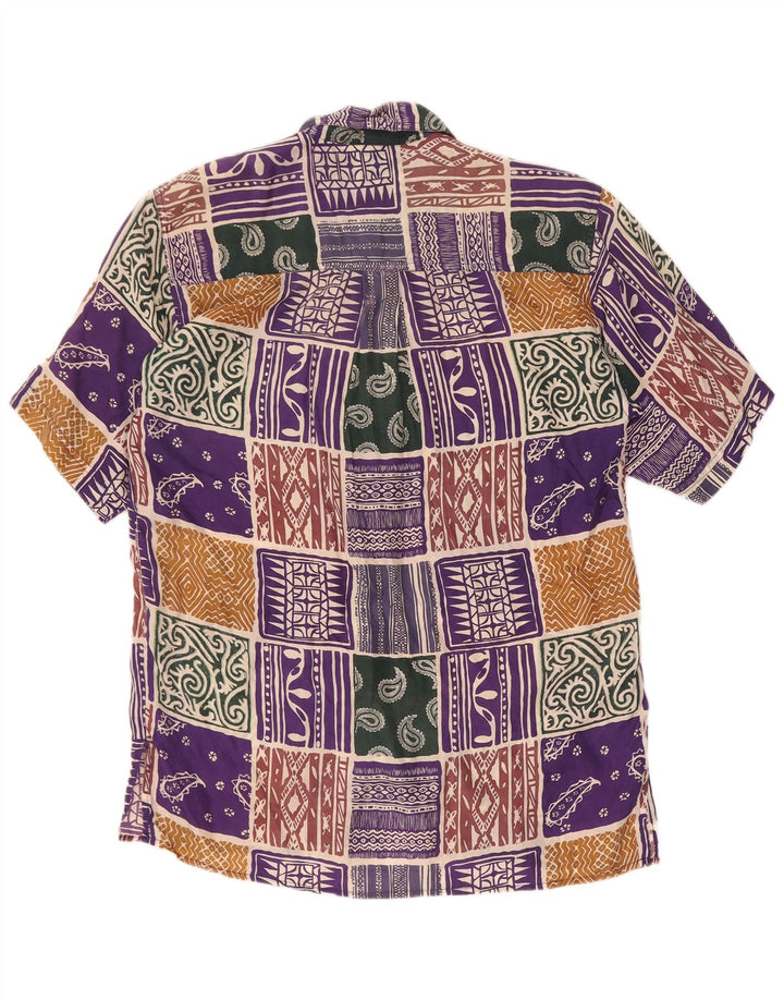 Camisa feminina vintage de manga curta UK 14 grande seda patchwork multicolorida