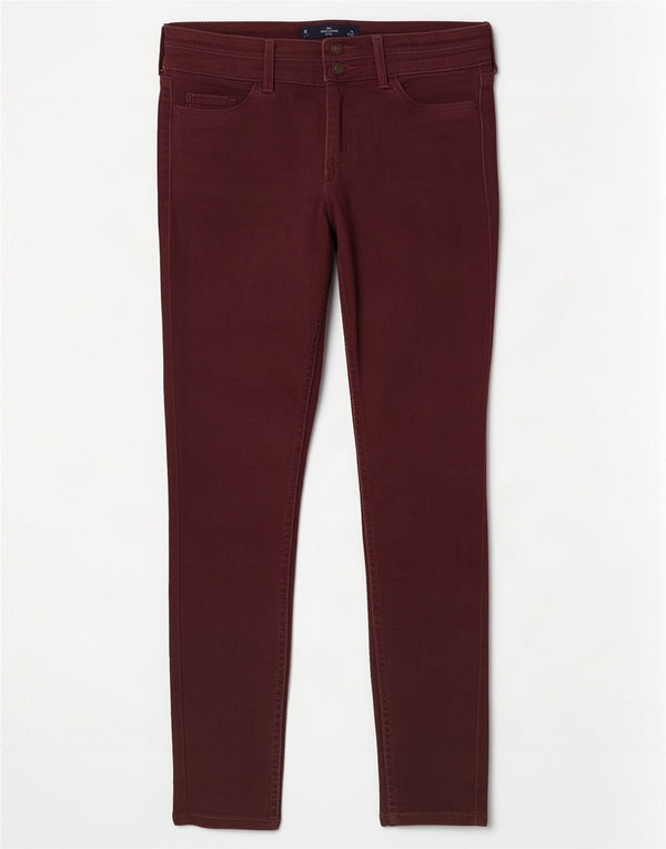 Calça jeans skinny feminina Hollister EUA 0 XS W24 L26 algodão borgonha