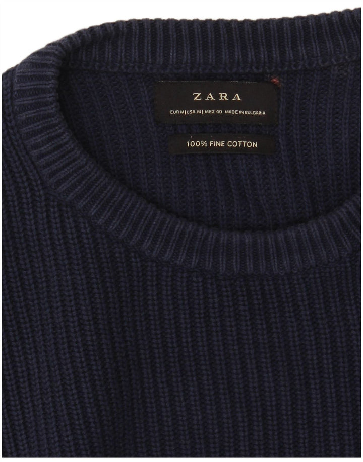 Suéter masculino ZARA com gola redonda, algodão azul marinho médio