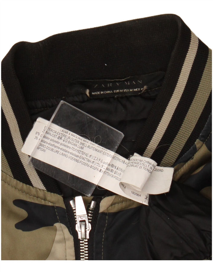 Zara Mens Graphic Bomber Jacket UK 38 Médio Cáqui Camuflagem Poliéster