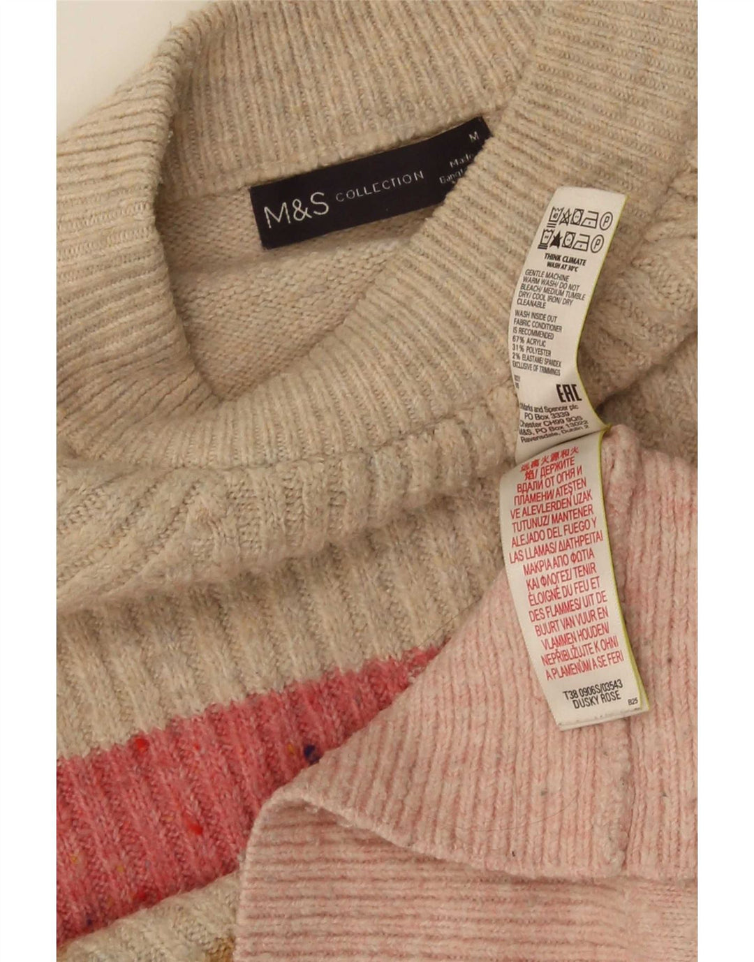 Suéter feminino Marks & Spencer com gola redonda UK 16 listrado rosa médio