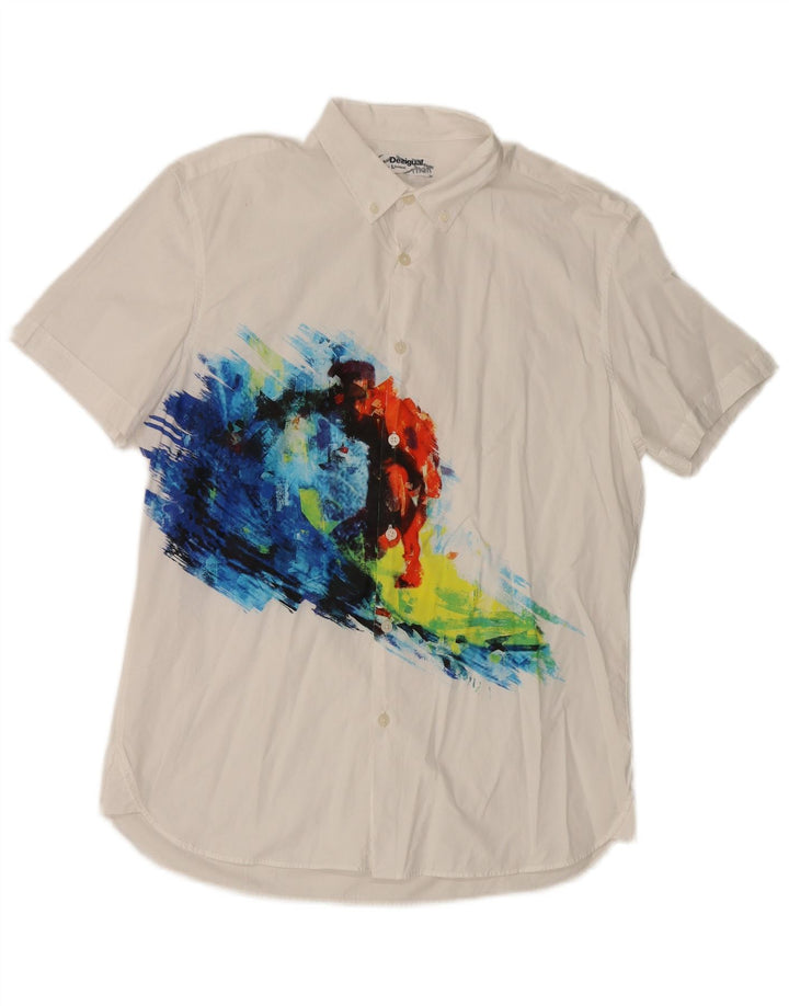 Desigual Camisa masculina de manga curta com estampa abstrata grande branca