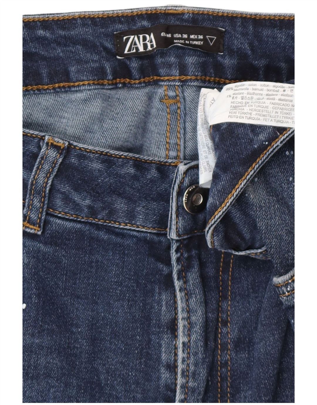 ZARA Jeans skinny masculino desgastado EU 46 XL W36 L30 algodão manchado azul